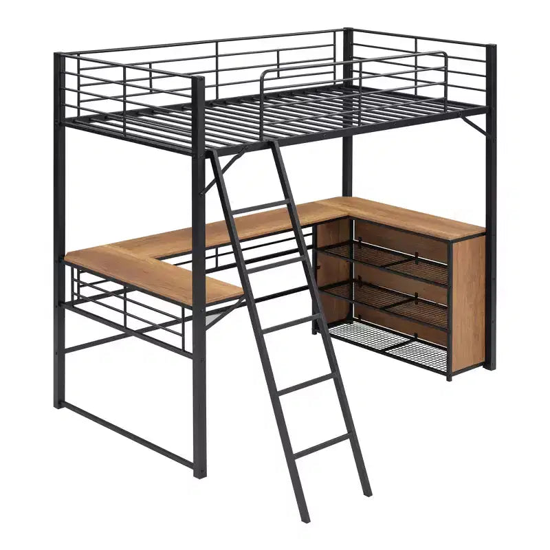 Lit mezzanine double/grand format en métal avec 3 niveaux d'étagères et bureau en L - ModernLuxe
