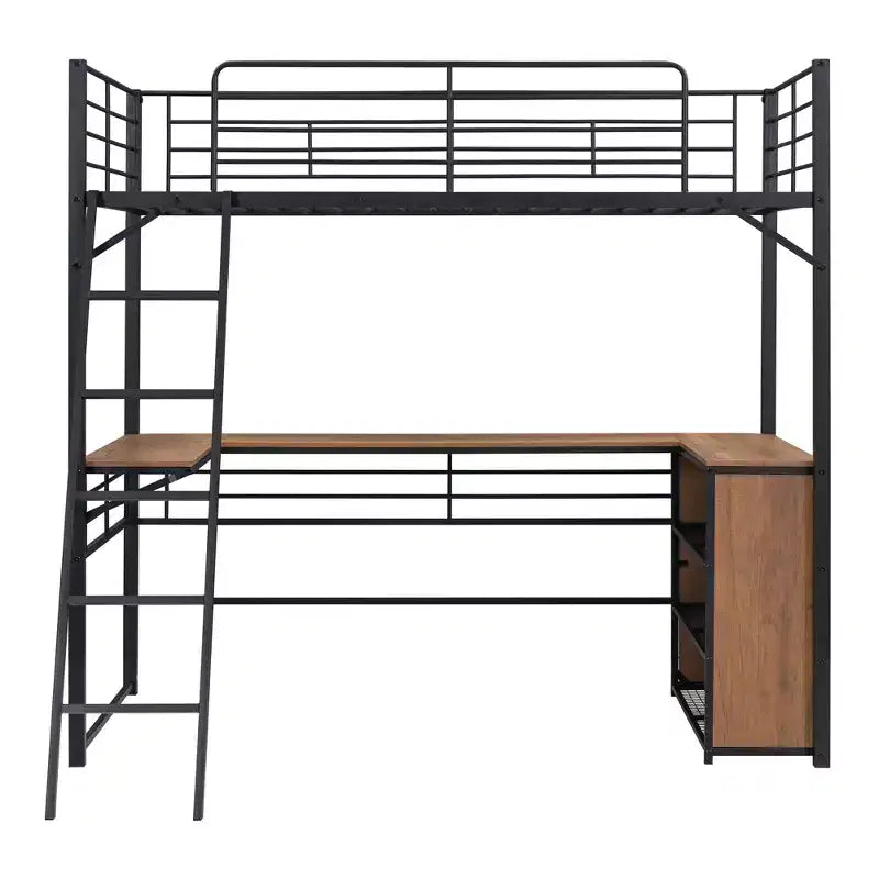 Lit mezzanine double/grand format en métal avec 3 niveaux d'étagères et bureau en L - ModernLuxe