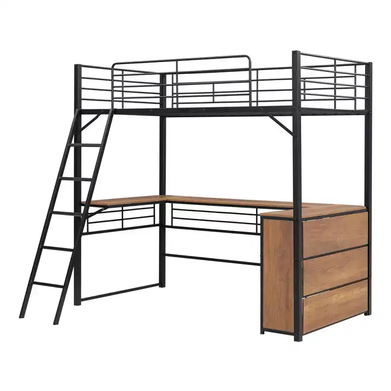 Lit mezzanine double/grand format en métal avec 3 niveaux d'étagères et bureau en L - ModernLuxe