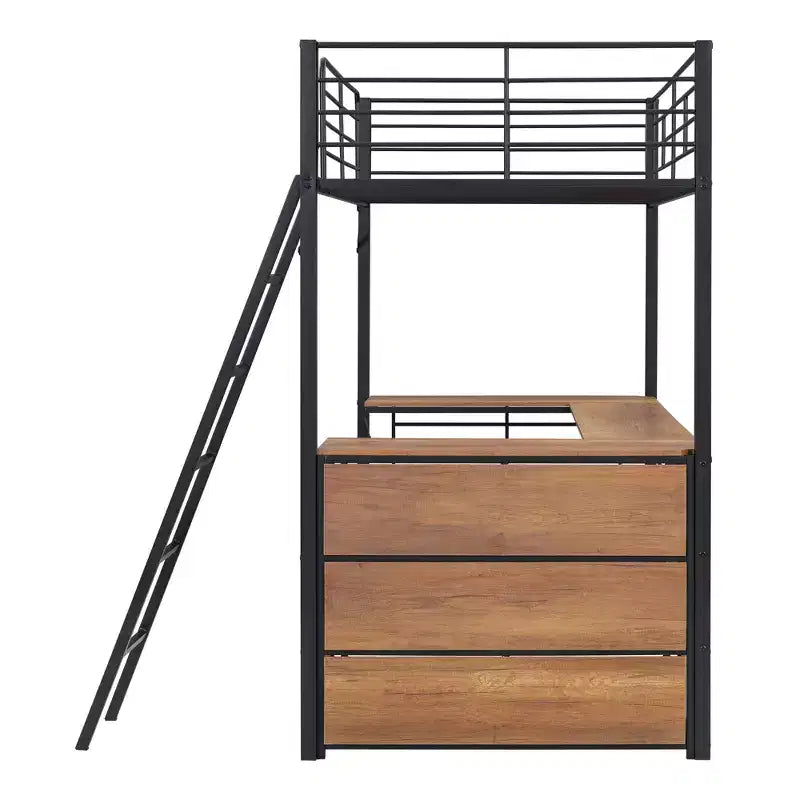 Lit mezzanine double/grand format en métal avec 3 niveaux d'étagères et bureau en L - ModernLuxe
