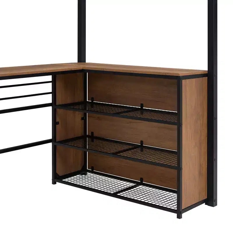 Lit mezzanine double/grand format en métal avec 3 niveaux d'étagères et bureau en L - ModernLuxe