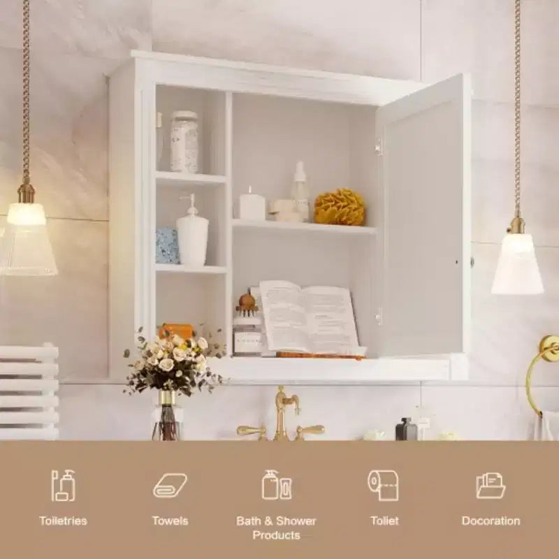 35'' x 28'' Wall Mounted Bathroom Storage Cabinet, Medicine Cabinet, Modern Bathroom Wall Cabinet with Mirror, Mirror Cabinet with 6 Open Shelves