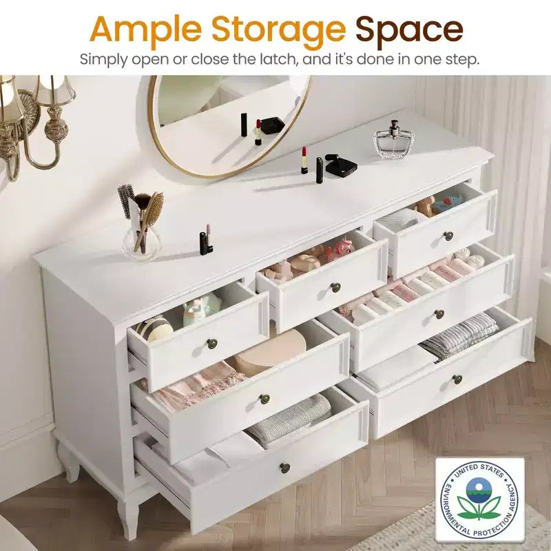 Commode Heynemo pour chambre à coucher, commode à 7 tiroirs avec pieds en bois distinctifs et finition peinte, idéale pour chambre à coucher, salon, couloir
