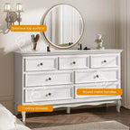 Commode Heynemo pour chambre à coucher, commode à 7 tiroirs avec pieds en bois distinctifs et finition peinte, idéale pour chambre à coucher, salon, couloir