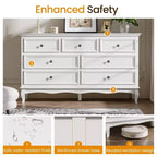 Commode Heynemo pour chambre à coucher, commode à 7 tiroirs avec pieds en bois distinctifs et finition peinte, idéale pour chambre à coucher, salon, couloir