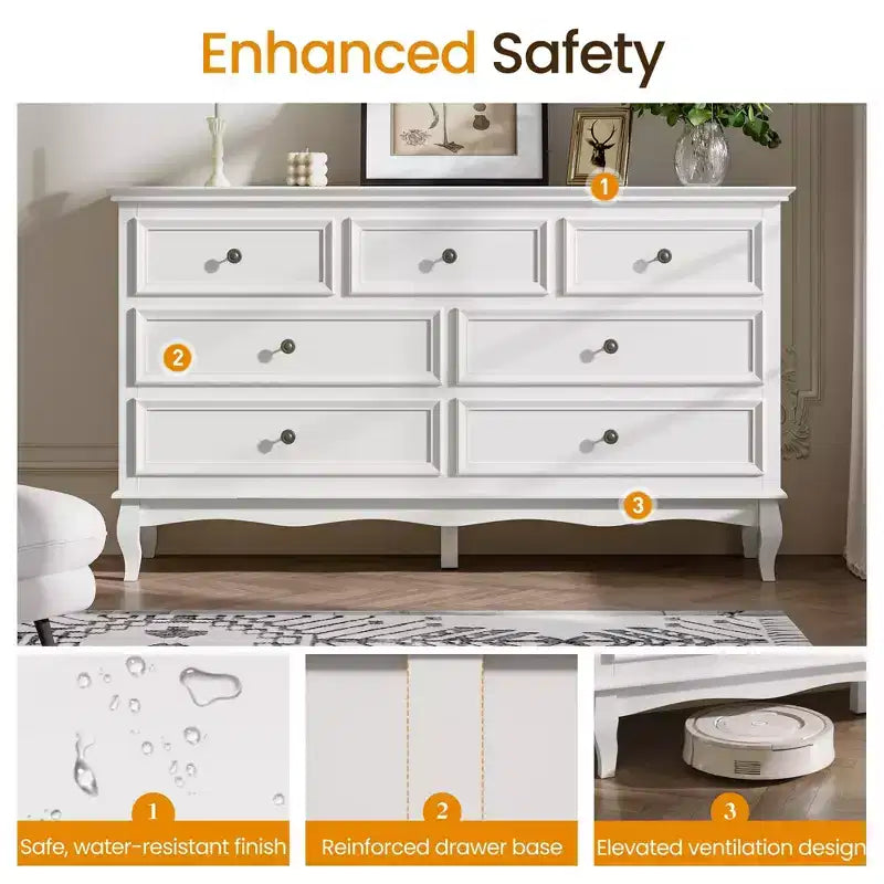 Commode Heynemo pour chambre à coucher, commode à 7 tiroirs avec pieds en bois distinctifs et finition peinte, idéale pour chambre à coucher, salon, couloir