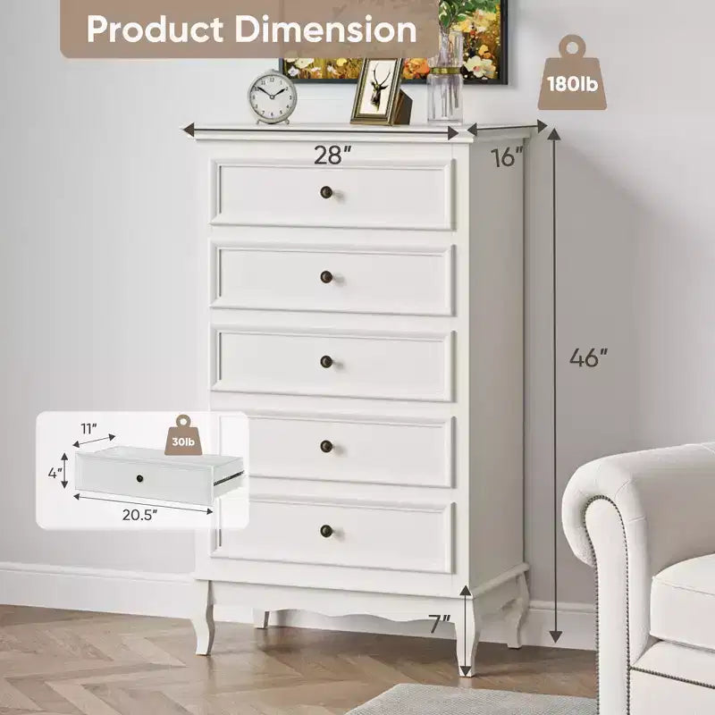 Heynemo Commode pour chambre à coucher, commode moderne à 5 tiroirs avec pieds en bois massif et finition peinte, idéale pour le salon, la chambre d'enfant, le couloir, l'entrée,