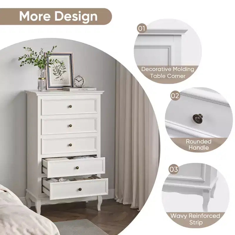 Heynemo Commode pour chambre à coucher, commode moderne à 5 tiroirs avec pieds en bois massif et finition peinte, idéale pour le salon, la chambre d'enfant, le couloir, l'entrée,