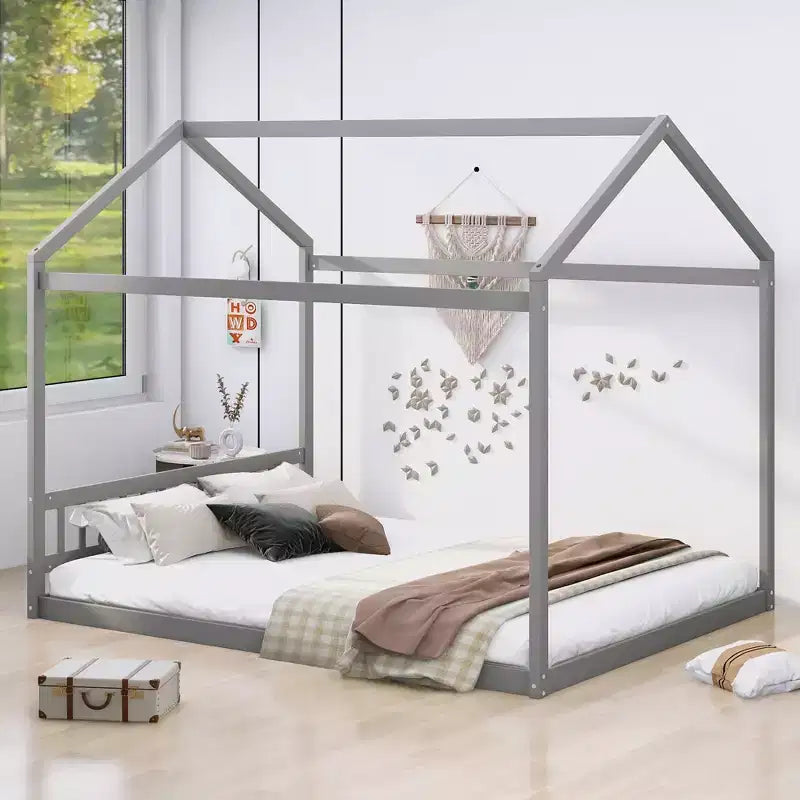 Whisen Queen Size Wooden House Bed, Minimalist Style Montessori Bed