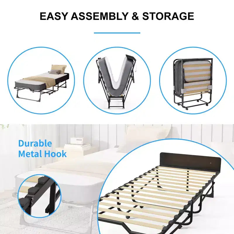 Lit pliant adulte Mjkone avec matelas en mousse à mémoire de forme et lattes en bois, avec housse anti-poussière, 75*32