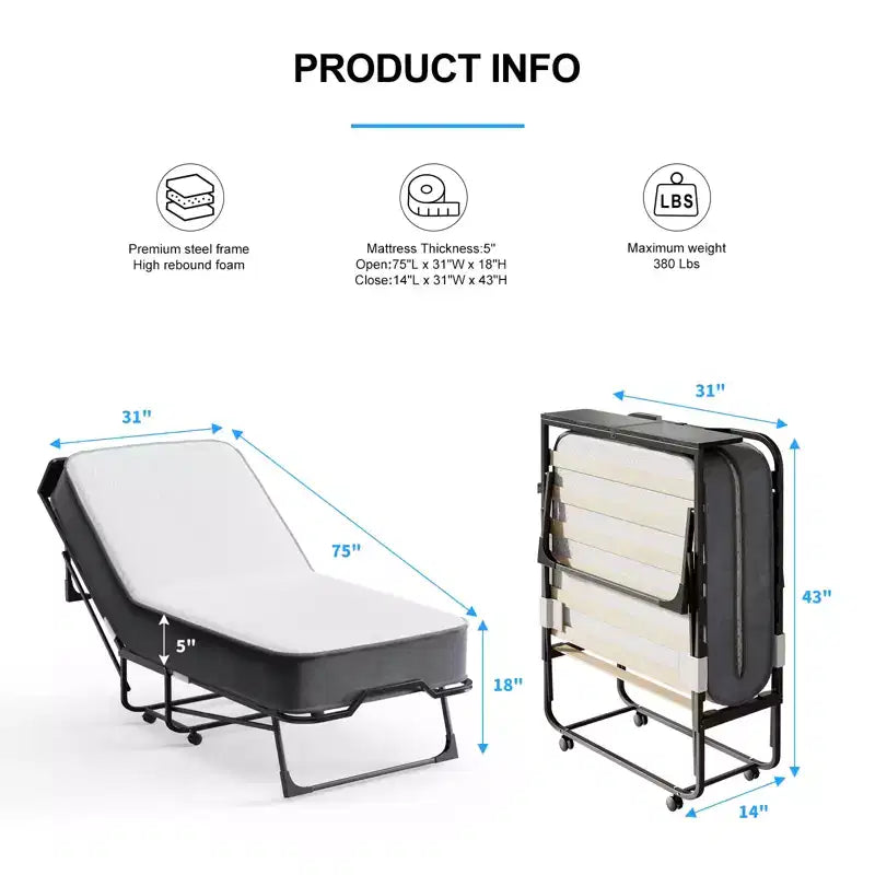 Lit pliant adulte Mjkone avec matelas en mousse à mémoire de forme et lattes en bois, avec housse anti-poussière, 75*32