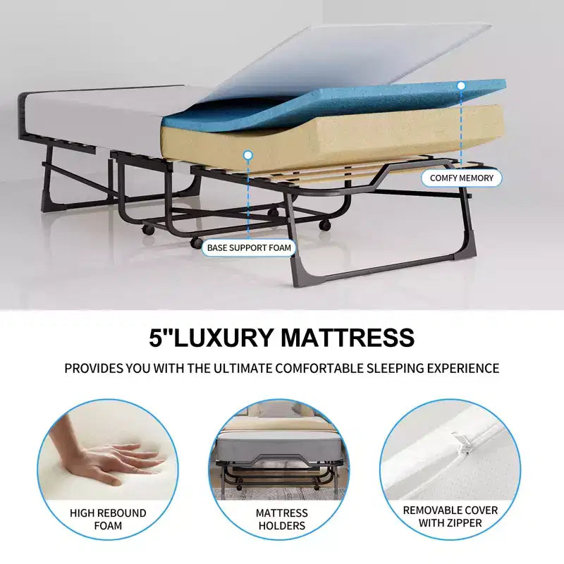 Lit pliant adulte Mjkone avec matelas en mousse à mémoire de forme et lattes en bois, avec housse anti-poussière, 75*32