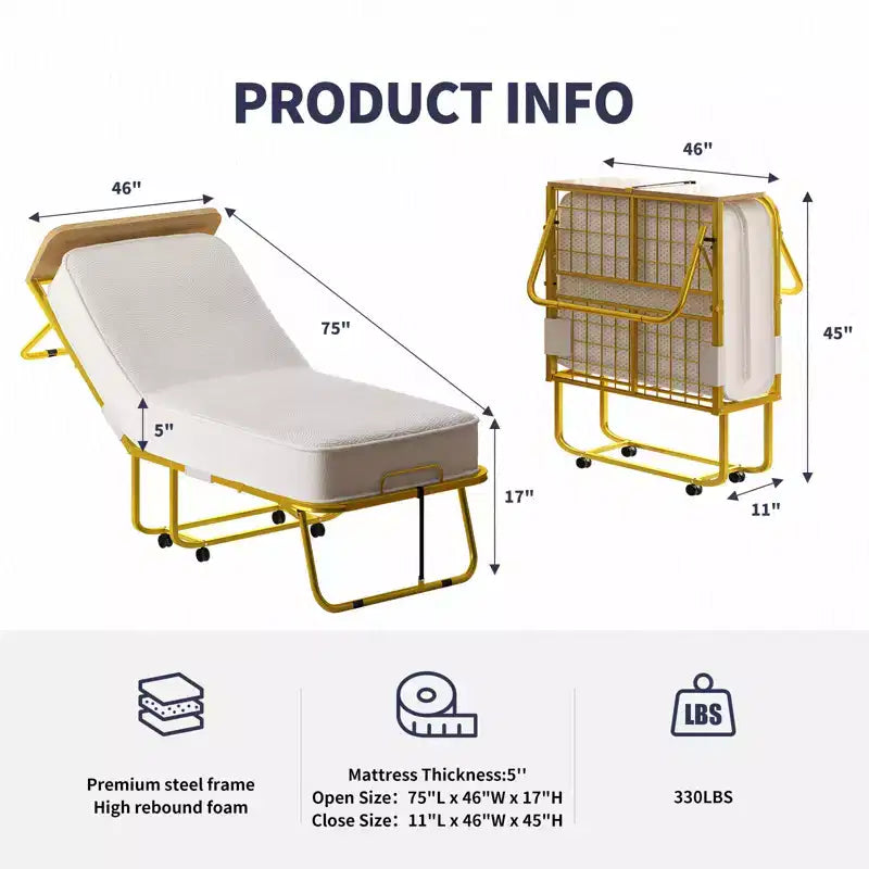 Lit pliant Mjkone avec matelas pour adultes, matelas en mousse à mémoire de forme, lit pliant portable avec sac anti-poussière et déflecteur, lit d'appoint pliant