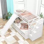 Lit superposé Whisen Twin sur Full avec tiroirs, rangement et toboggan, multifonctionnel