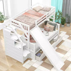 Lit superposé Whisen Twin sur Full avec tiroirs, rangement et toboggan, multifonctionnel