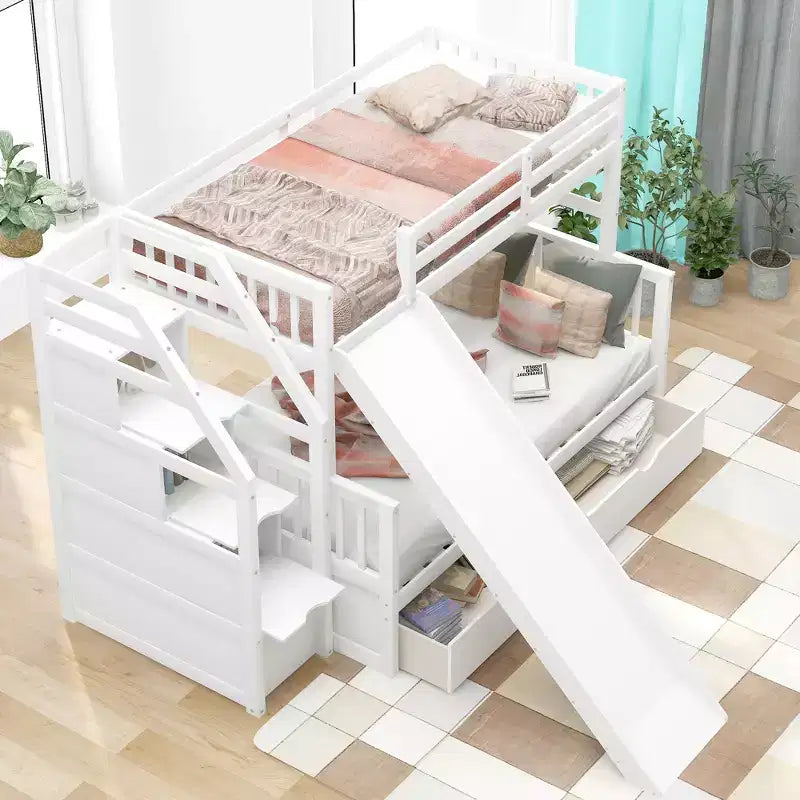 Lit superposé Whisen Twin sur Full avec tiroirs, rangement et toboggan, multifonctionnel