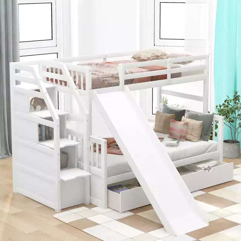 Lit superposé Whisen Twin sur Full avec tiroirs, rangement et toboggan, multifonctionnel