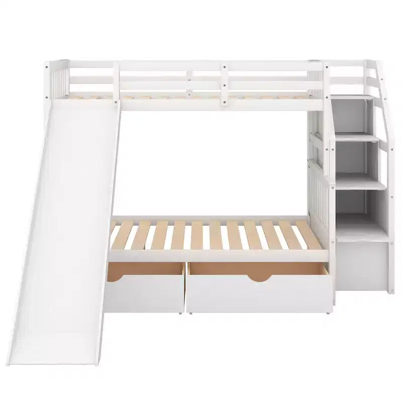 Lit superposé Whisen Twin sur Full avec tiroirs, rangement et toboggan, multifonctionnel