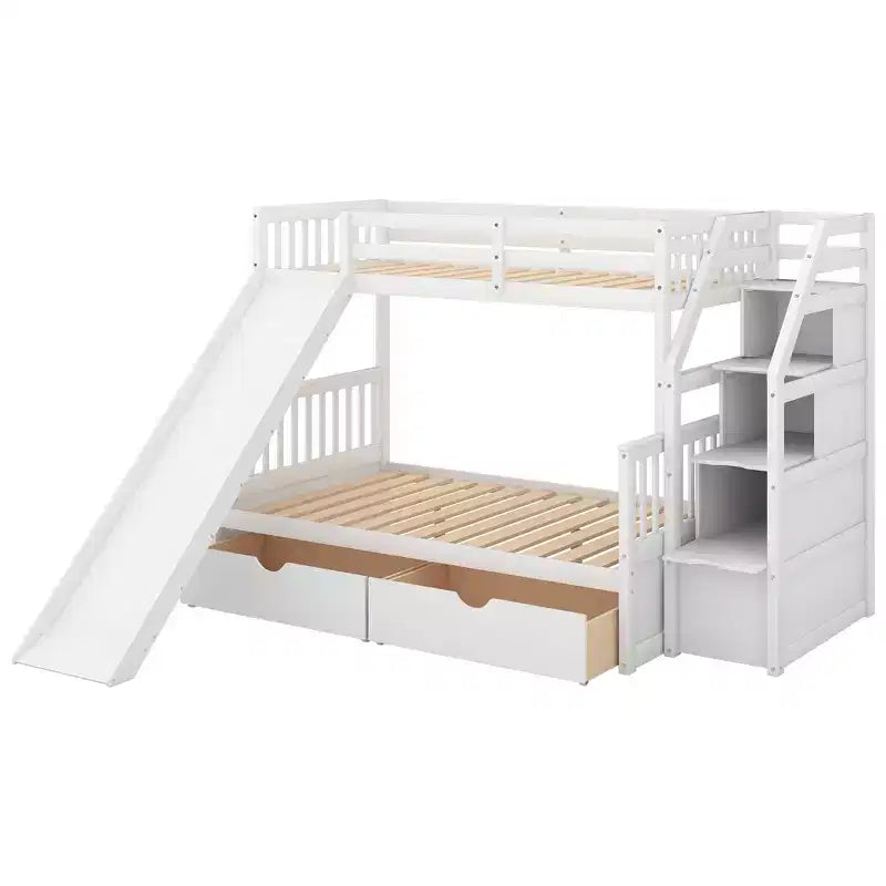 Lit superposé Whisen Twin sur Full avec tiroirs, rangement et toboggan, multifonctionnel