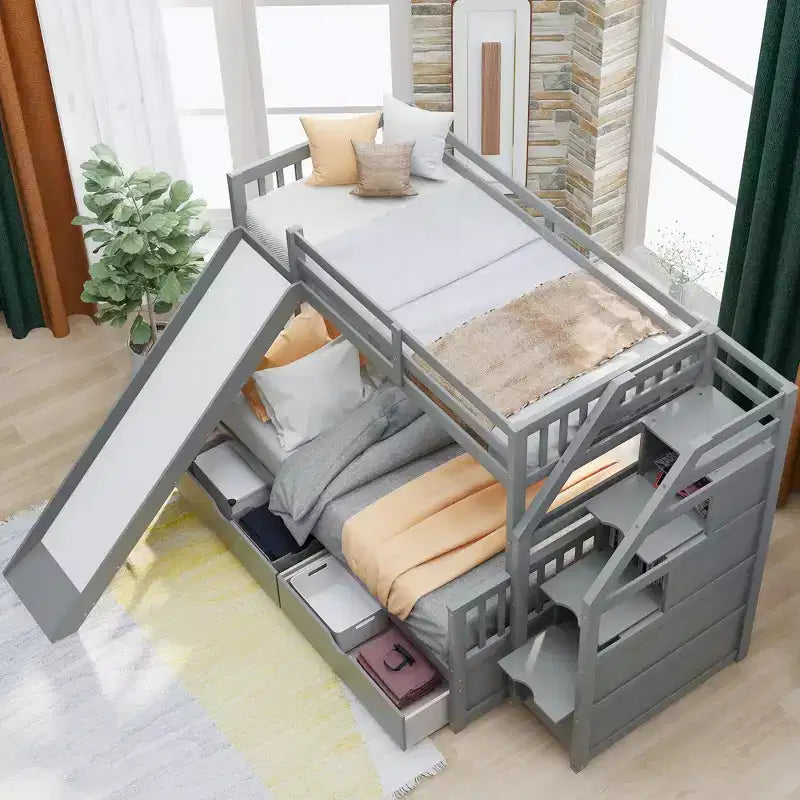 Lit superposé Whisen Twin sur Full avec tiroirs, rangement et toboggan, multifonctionnel