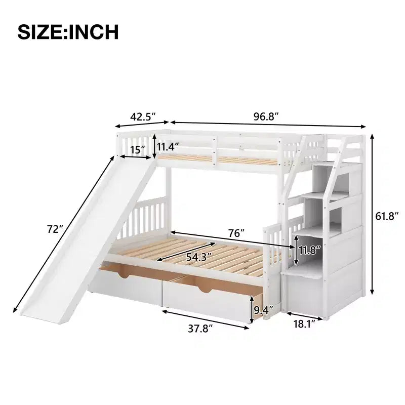 Lit superposé Whisen Twin sur Full avec tiroirs, rangement et toboggan, multifonctionnel