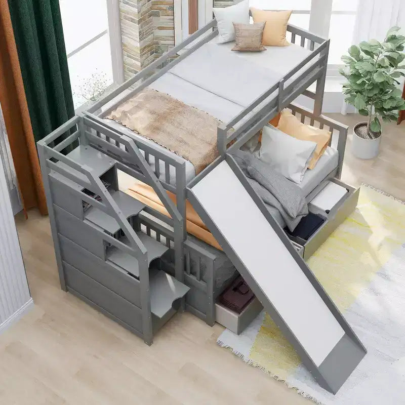 Lit superposé Whisen Twin sur Full avec tiroirs, rangement et toboggan, multifonctionnel