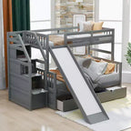 Lit superposé Whisen Twin sur Full avec tiroirs, rangement et toboggan, multifonctionnel