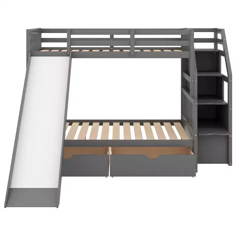 Lit superposé Whisen Twin sur Full avec tiroirs, rangement et toboggan, multifonctionnel