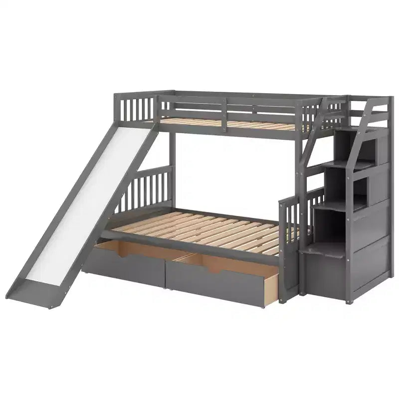 Lit superposé Whisen Twin sur Full avec tiroirs, rangement et toboggan, multifonctionnel