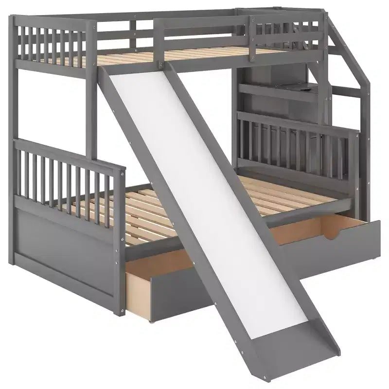 Lit superposé Whisen Twin sur Full avec tiroirs, rangement et toboggan, multifonctionnel