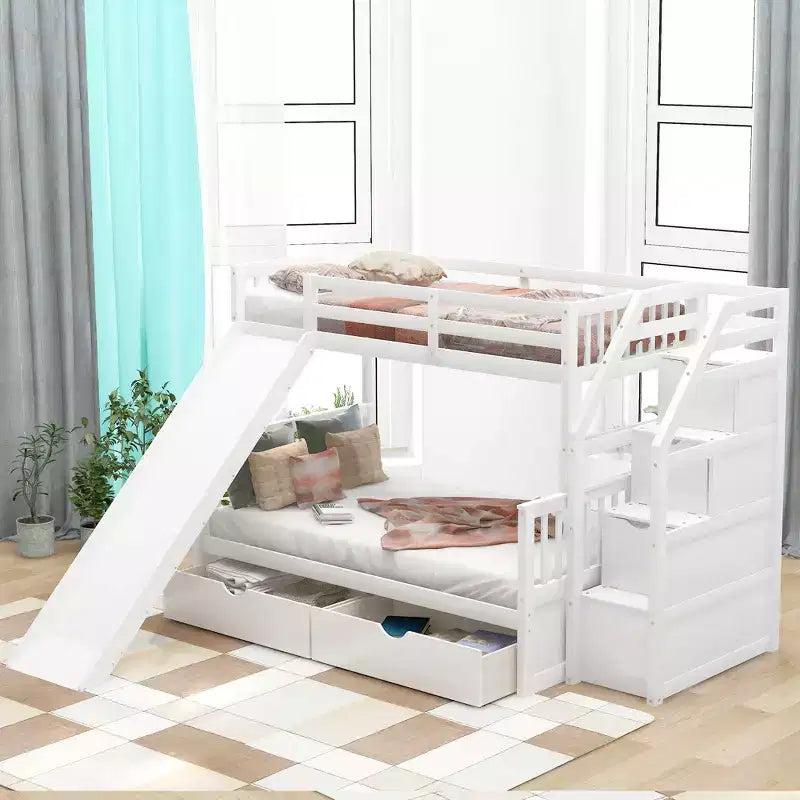 Lit superposé Whisen Twin sur Full avec tiroirs, rangement et toboggan, multifonctionnel
