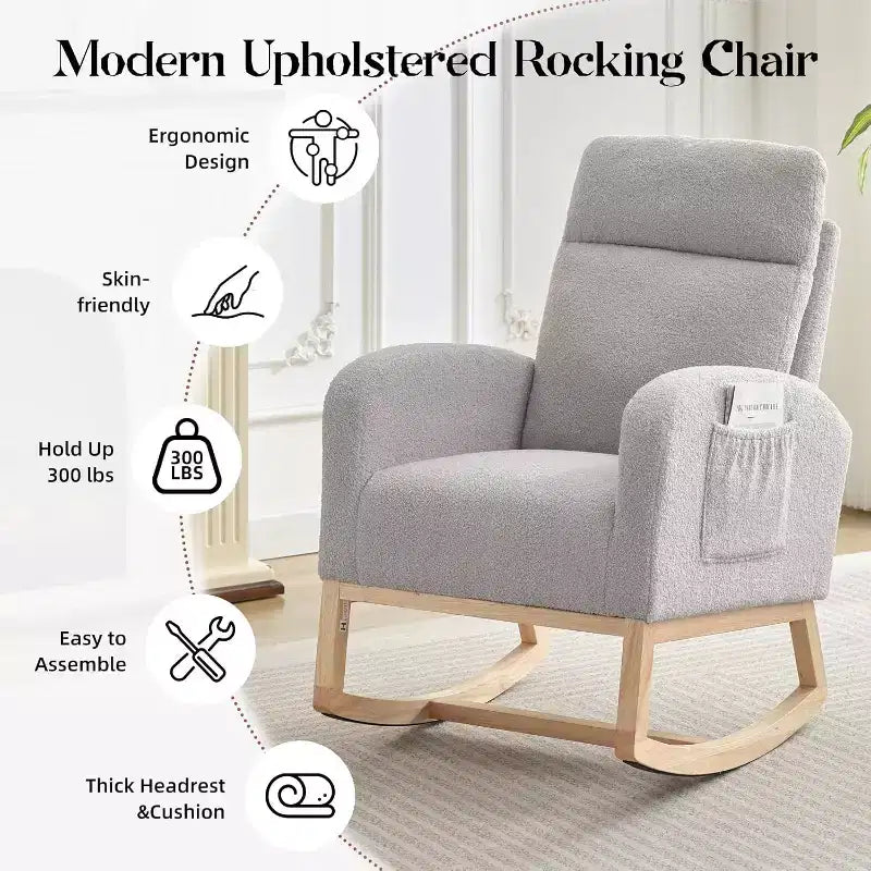 Fauteuil à bascule moderne et rembourré, fauteuil à bascule d'appoint rembourré à dossier haut avec accoudoirs