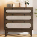 WhizMax 3 Drawer Wood Dresser, Rattan Nightstand Bedside Table