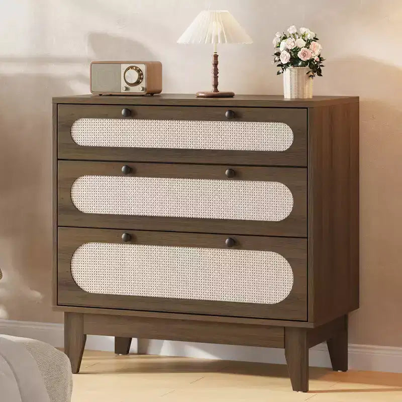 Commode en bois à 3 tiroirs WhizMax, table de chevet en rotin