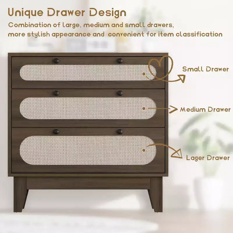 Commode en bois à 3 tiroirs WhizMax, table de chevet en rotin
