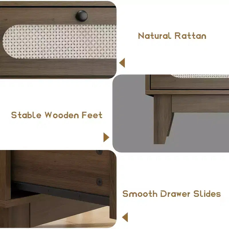 Commode en bois à 3 tiroirs WhizMax, table de chevet en rotin