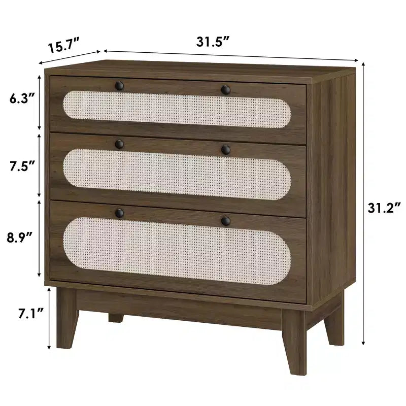 Commode en bois à 3 tiroirs WhizMax, table de chevet en rotin
