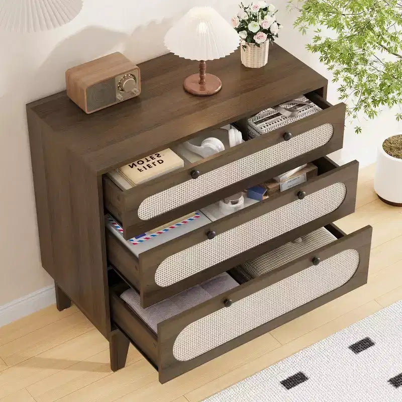 Commode en bois à 3 tiroirs WhizMax, table de chevet en rotin