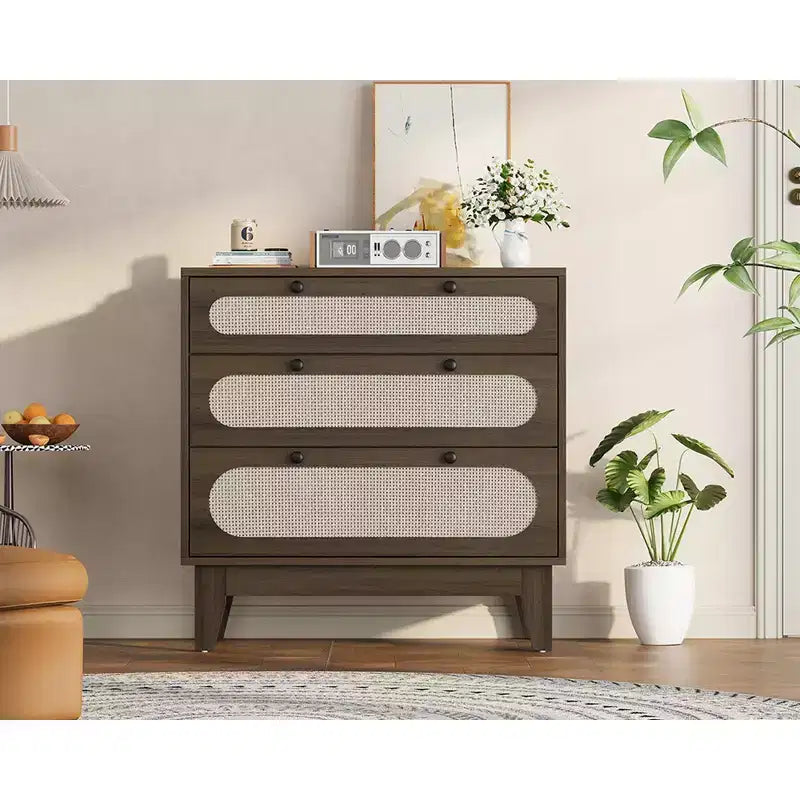 Commode en bois à 3 tiroirs WhizMax, table de chevet en rotin