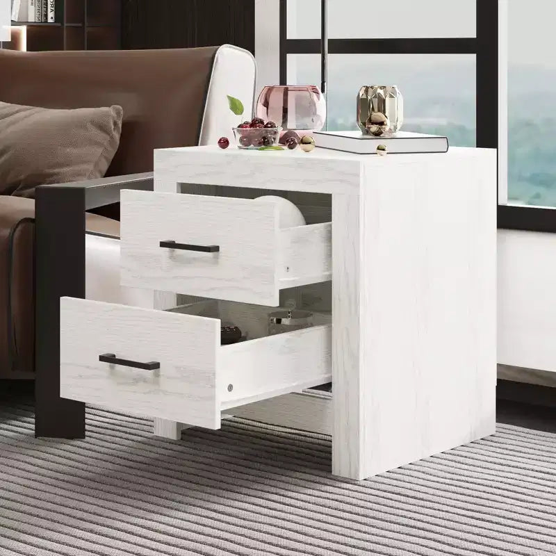 Famapy Table de chevet à deux tiroirs avec accent grain de bois, armoire de rangement verticale, table de chevet