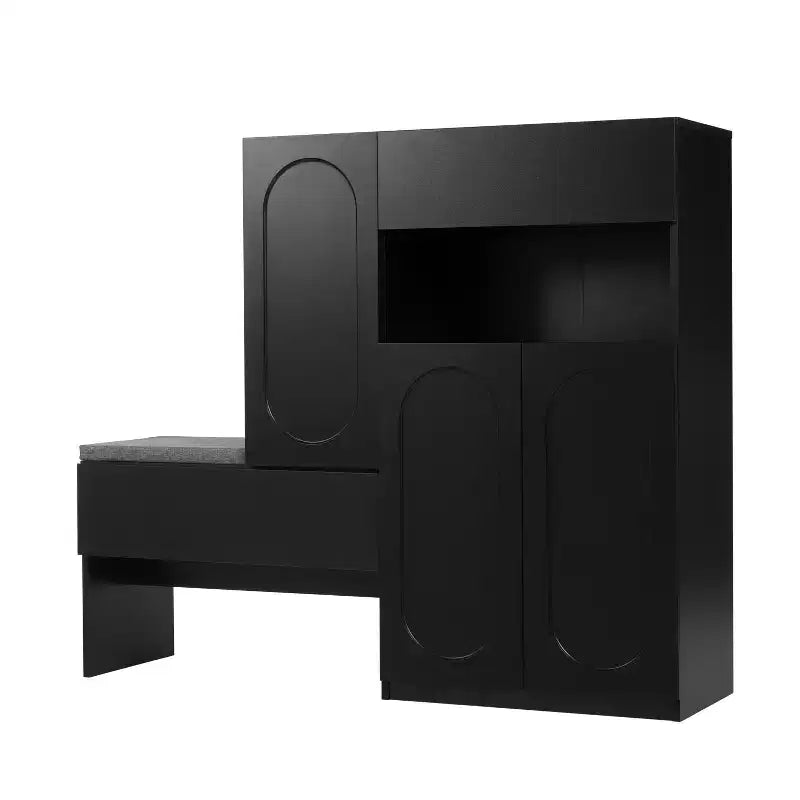 Banc de rangement 51W, banc à chaussures, meuble à chaussures, organisateur de porte-chaussures avec coussin, étagères réglables, portes arquées et dispositifs de rebond, blanc/noir-ModernL