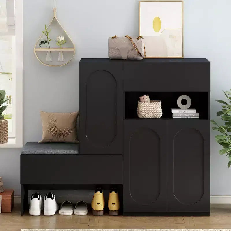 Banc de rangement 51W, banc à chaussures, meuble à chaussures, organisateur de porte-chaussures avec coussin, étagères réglables, portes arquées et dispositifs de rebond, blanc/noir-ModernL