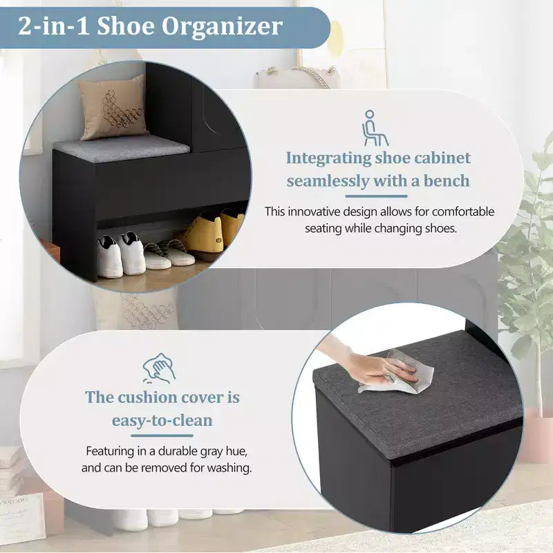 Banc de rangement 51W, banc à chaussures, meuble à chaussures, organisateur de porte-chaussures avec coussin, étagères réglables, portes arquées et dispositifs de rebond, blanc/noir-ModernL