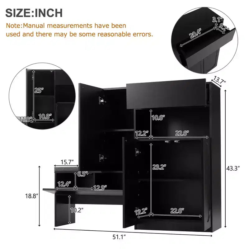 Banc de rangement 51W, banc à chaussures, meuble à chaussures, organisateur de porte-chaussures avec coussin, étagères réglables, portes arquées et dispositifs de rebond, blanc/noir-ModernL