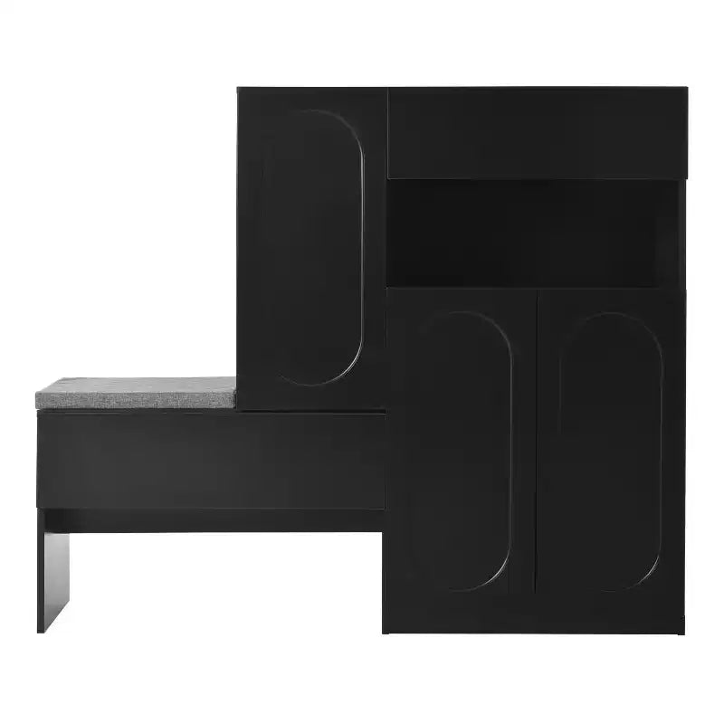 Banc de rangement 51W, banc à chaussures, meuble à chaussures, organisateur de porte-chaussures avec coussin, étagères réglables, portes arquées et dispositifs de rebond, blanc/noir-ModernL