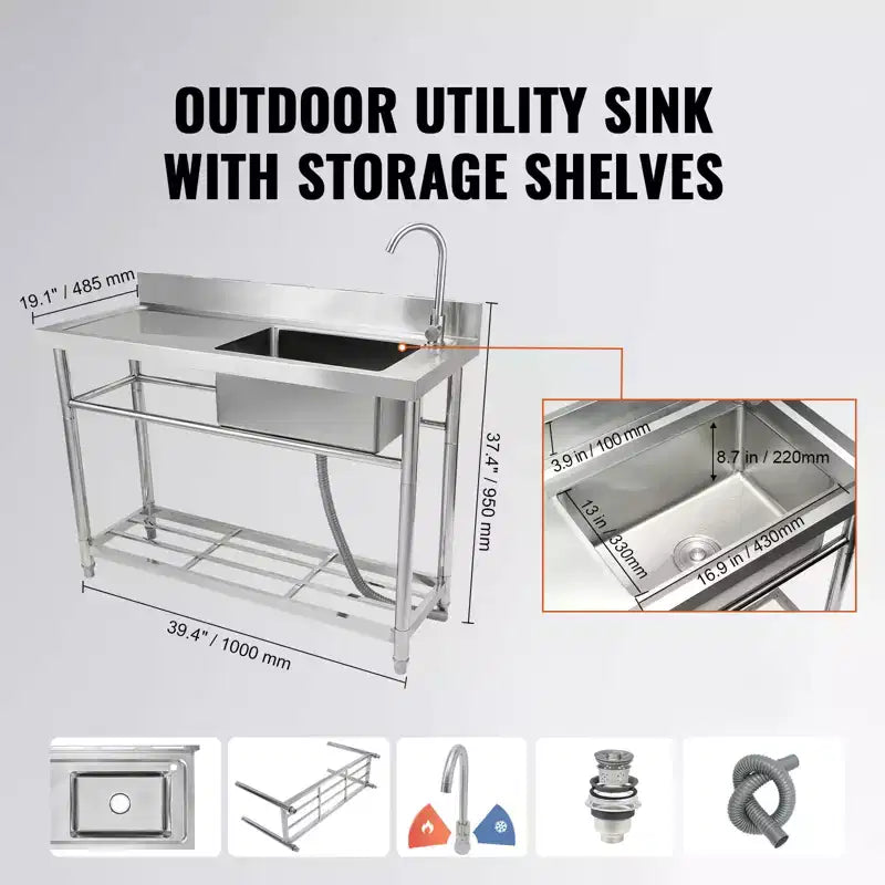 Évier utilitaire en acier inoxydable VEVOR, évier de cuisine commercial autoportant à cuve unique avec plan de travail, pour garage, restaurant, buanderie