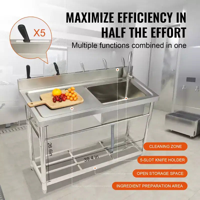 Évier utilitaire en acier inoxydable VEVOR, évier de cuisine commercial autoportant à cuve unique avec plan de travail, pour garage, restaurant, buanderie