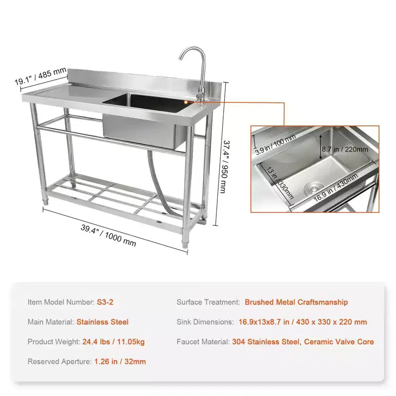 Évier utilitaire en acier inoxydable VEVOR, évier de cuisine commercial autoportant à cuve unique avec plan de travail, pour garage, restaurant, buanderie