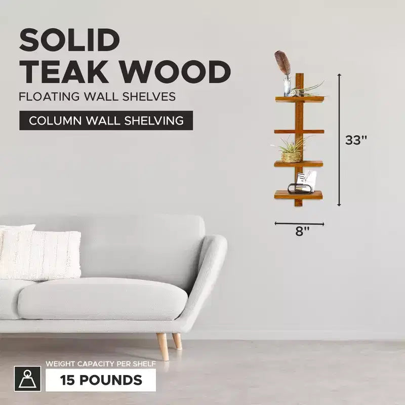 texxture Étagères murales flottantes à 4 niveaux, étagères verticales en bois pour affichage, rangement ou décoration d'intérieur, petite colonne Takara, bois de teck