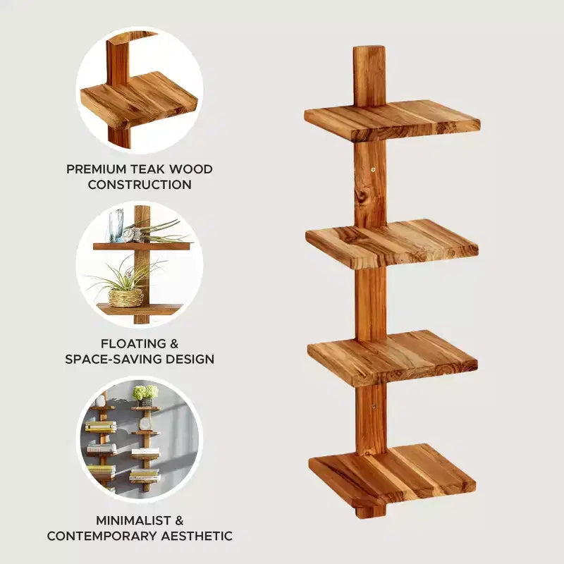 texxture Étagères murales flottantes à 4 niveaux, étagères verticales en bois pour affichage, rangement ou décoration d'intérieur, petite colonne Takara, bois de teck